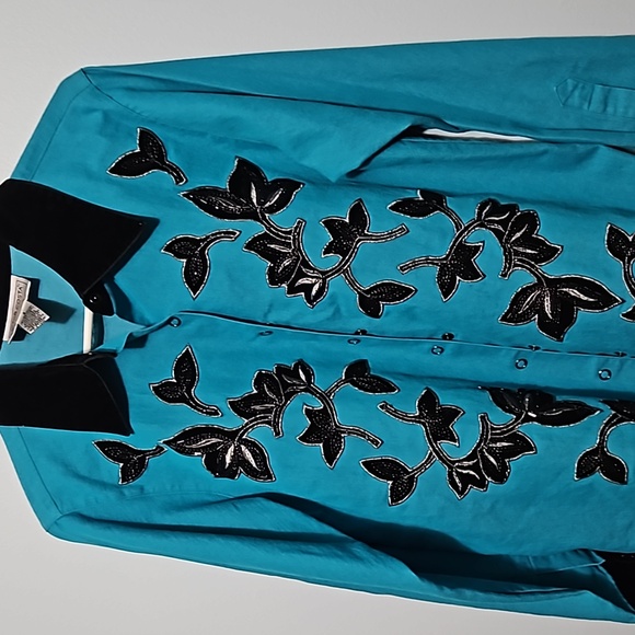 Victor Costa Occsn Western Snap Chambray Velvet Beaded Jacket Shirt Sze S #W-530 - Picture 6 of 13